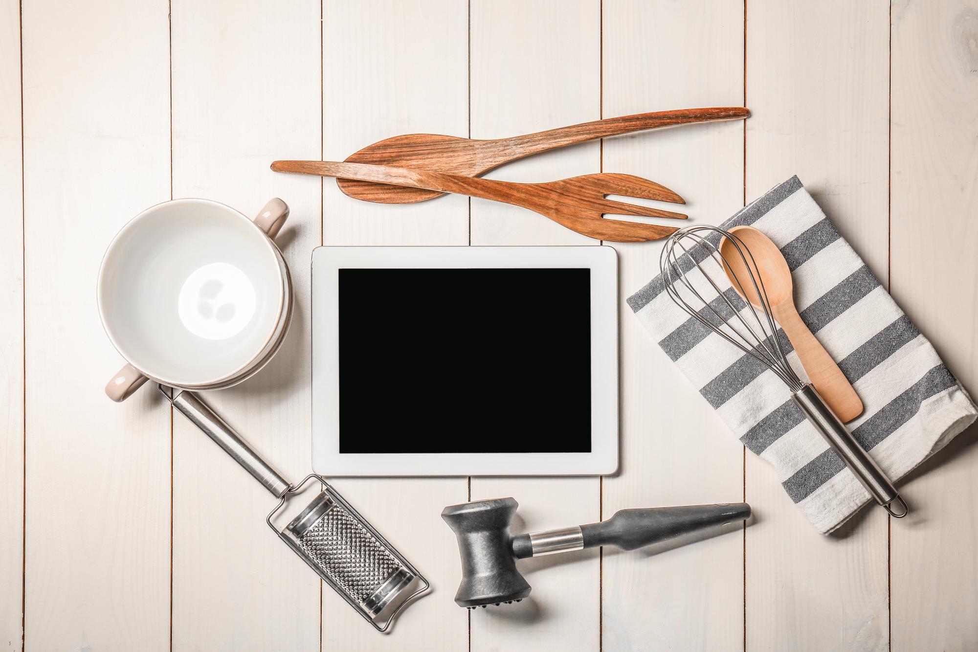 Home kitchen workspace with utensils