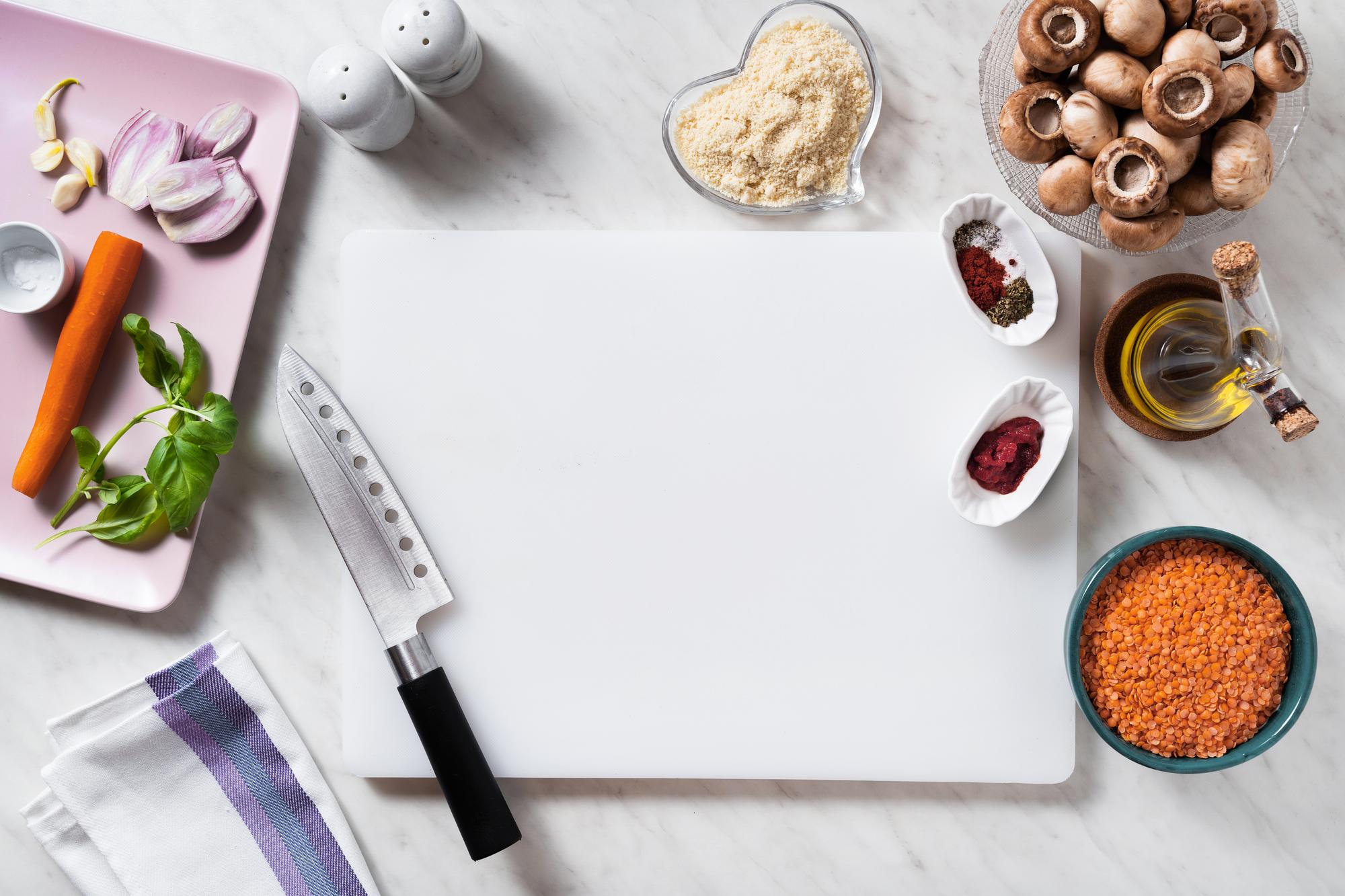 Workspace with ingredients and tools
